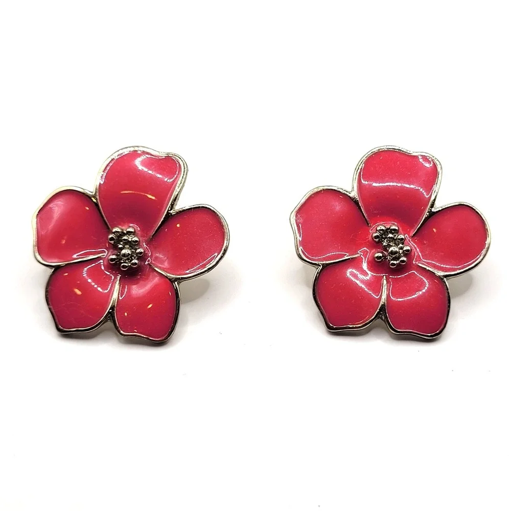 Pink‎ Enamel Flower Stud Earrings Trimmed in Gold